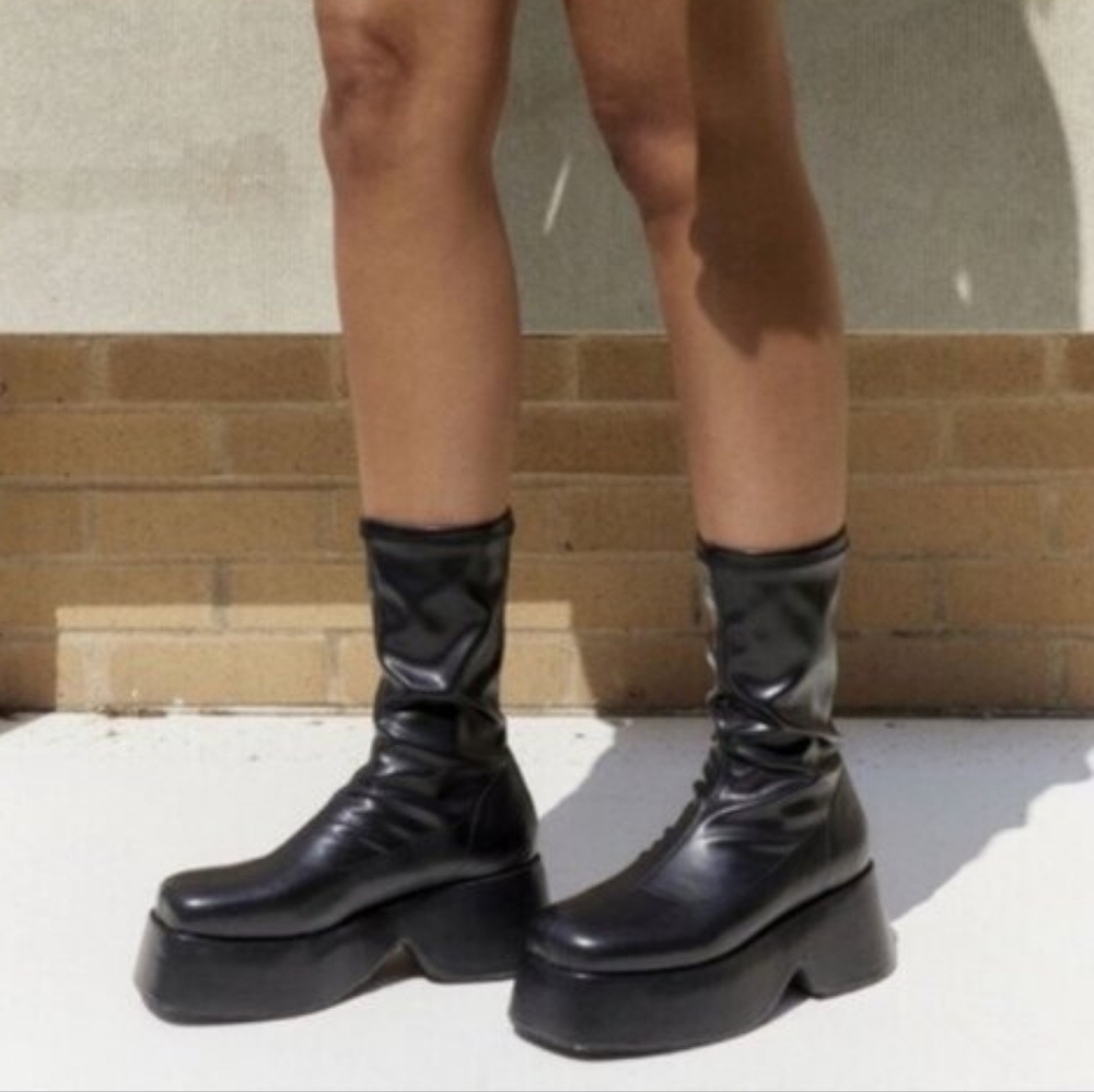 Urban Outfitters Simone Black Platform Boot Calf Ankle New 9 Goth Punk PVC